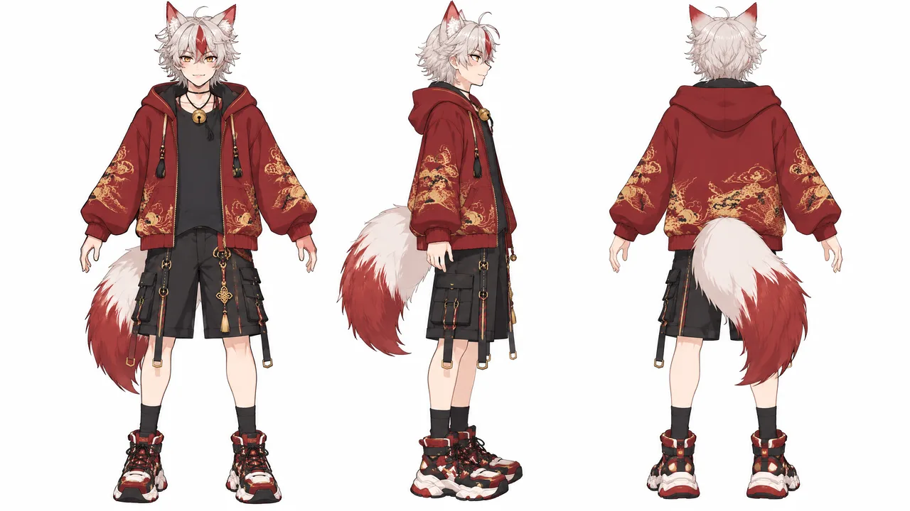 Ember's ref sheet: front, side and back