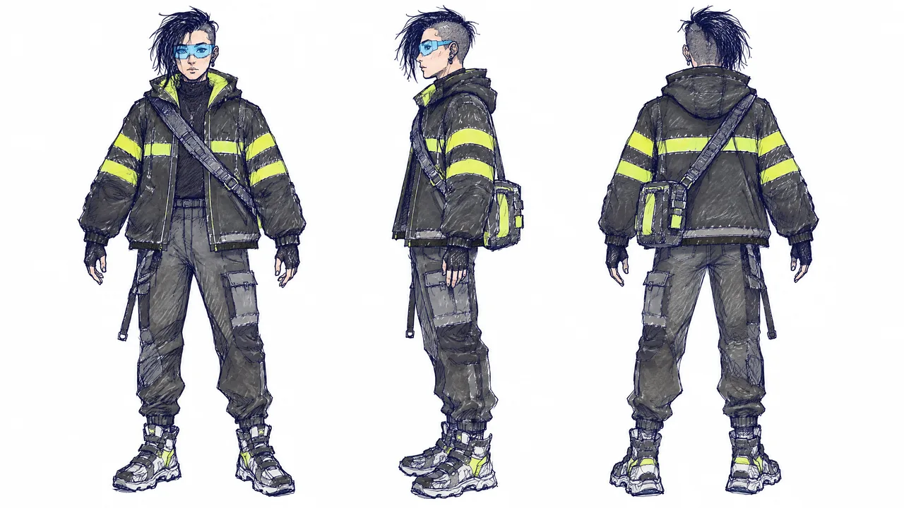 Ref sheet made from the sketch of a cyberpunk bike courier with an undercut, a big jacket with reflective stripes, a visor and a messenger bag