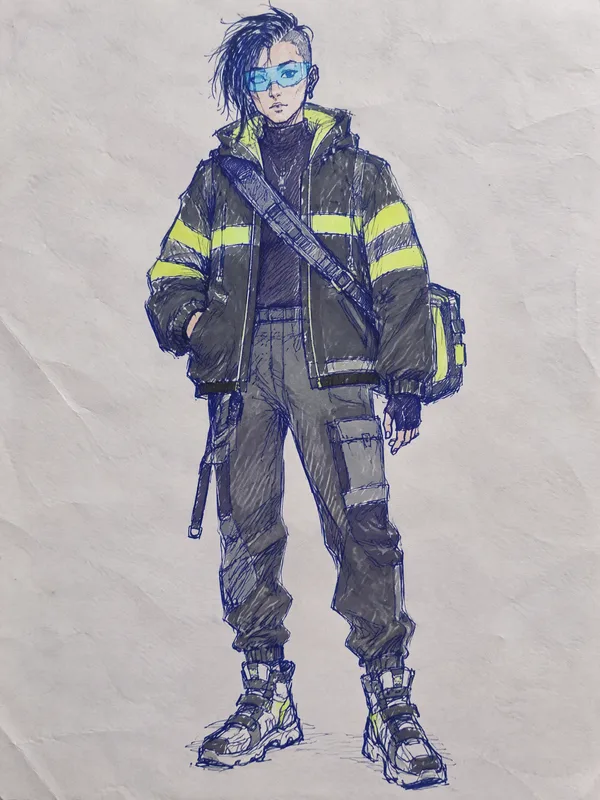 Sketch: a cyberpunk bike courier with an undercut, a big jacket with reflective stripes, a visor and a messenger bag