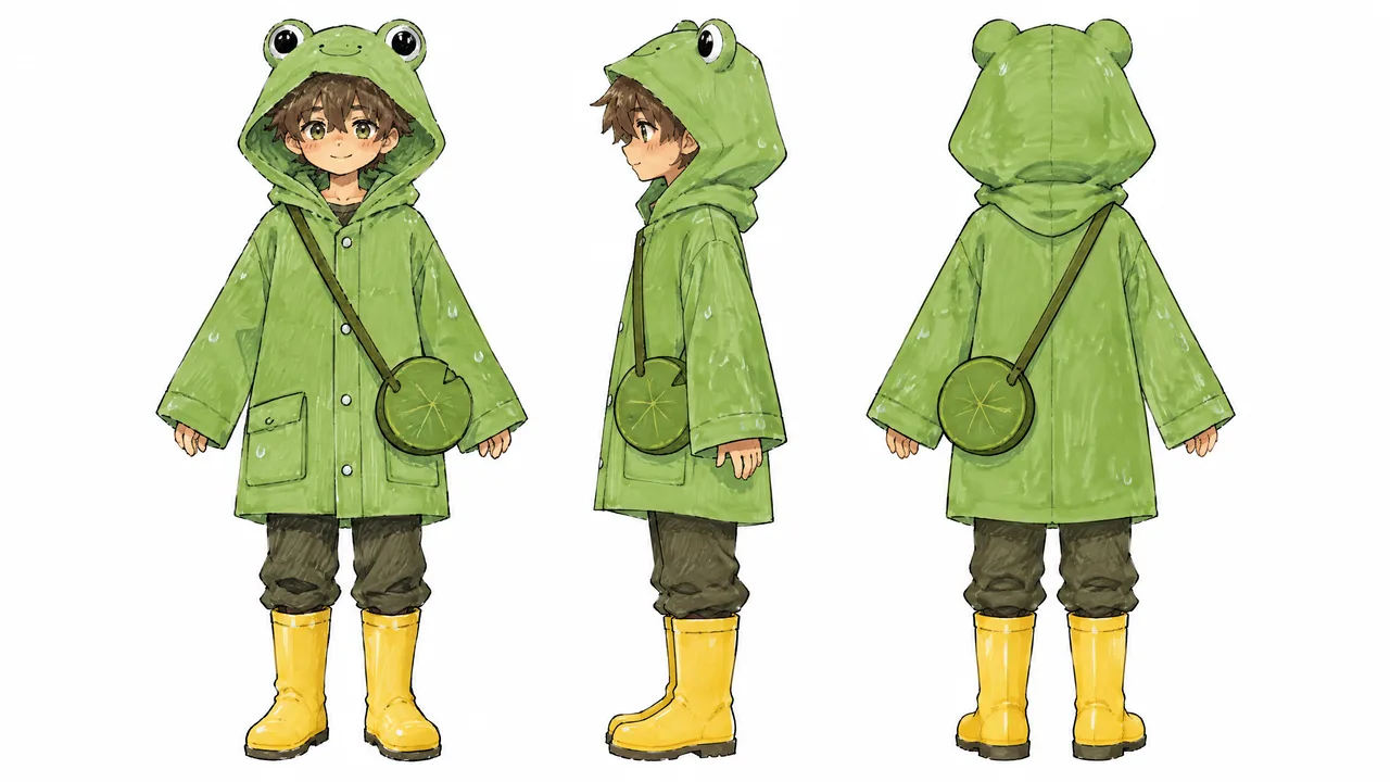 Ref sheet made from the sketch of a boy in a green frog-hood raincoat, yellow boots and a little bag shaped like a lily pad