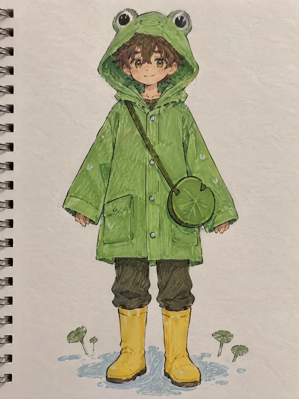 Sketch: a boy in a green frog-hood raincoat, yellow boots and a little bag shaped like a lily pad