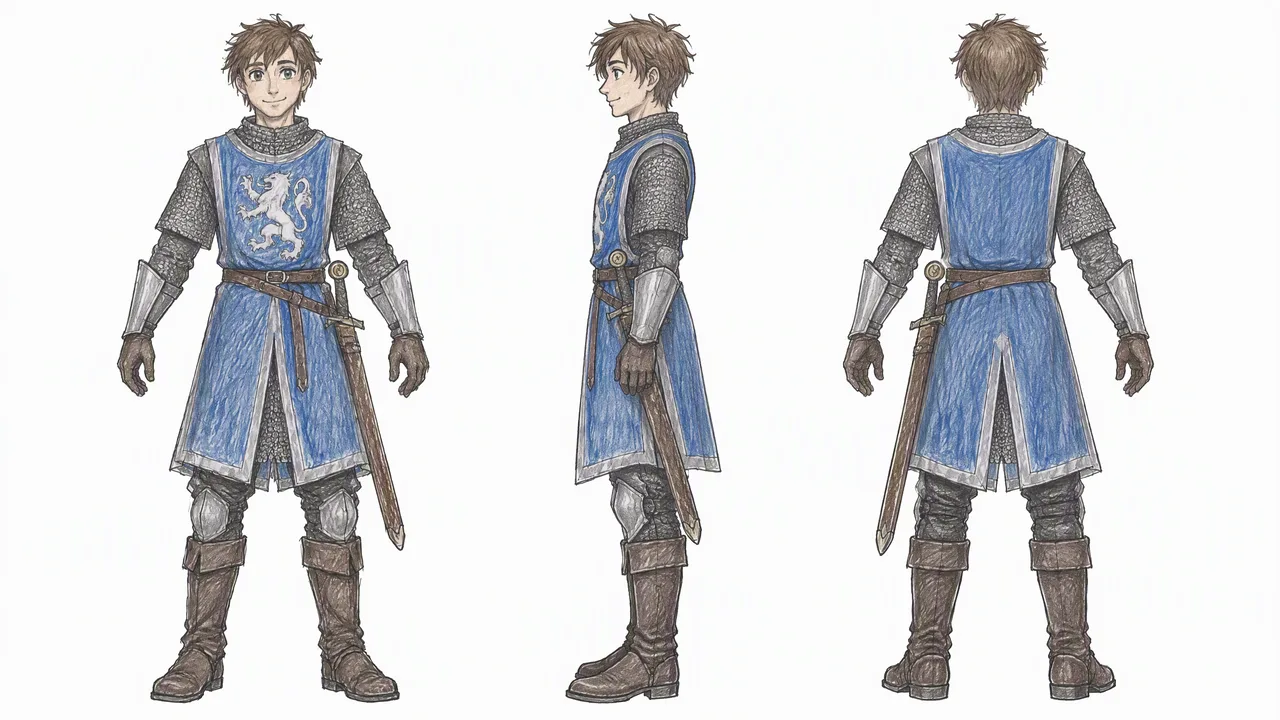 Ref sheet made from the sketch of a young knight with short brown hair, a too-big helmet under one arm, a blue tabard over chainmail and a sheathed sword