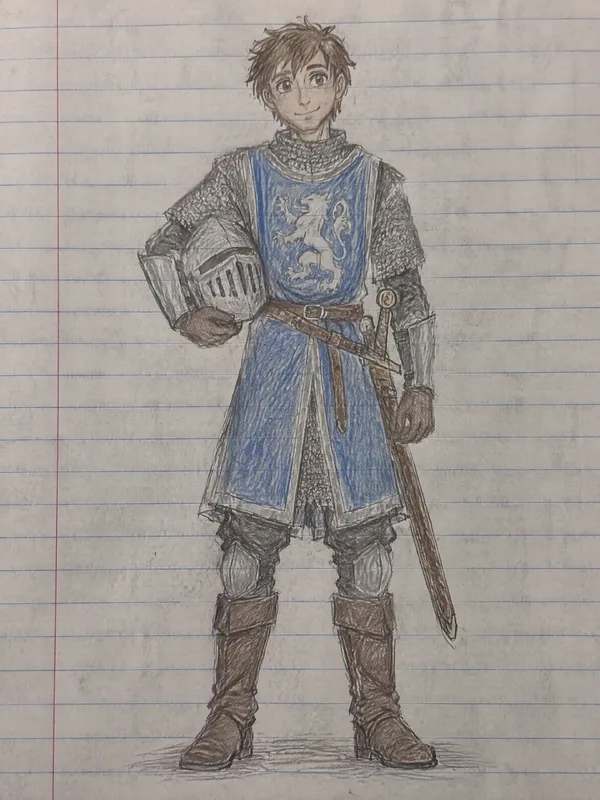 Sketch: a young knight with short brown hair, a too-big helmet under one arm, a blue tabard over chainmail and a sheathed sword