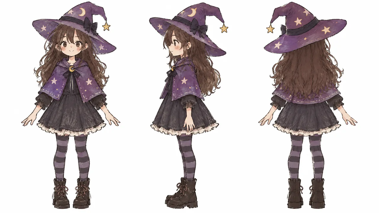 Ref sheet made from the sketch of a witch girl with a wide purple hat with stars, a short cape, striped tights and a broom
