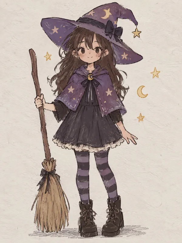 Sketch: a witch girl with a wide purple hat with stars, a short cape, striped tights and a broom